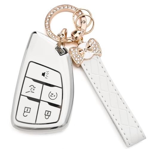 JAMCARI for Chevy Key Fob Cover Soft TPU Protection Case with Keychain for 20212025 Chevy Suburban Tahoe GMC Yukon Denali Silverado Buick Enclave Smart Remote Key Shell5 Buttons White - Image 1
