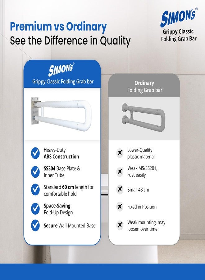 Simon's Simon’s Grippy Classic Folding Grab Bar for Elderly, Seniors | Toilet & Commode Safety Support Handle | ABS Outer Tube + SS304 Reinforced Core | Corrosion-Resistant | 60 cm | Pack of 1 - Image 3