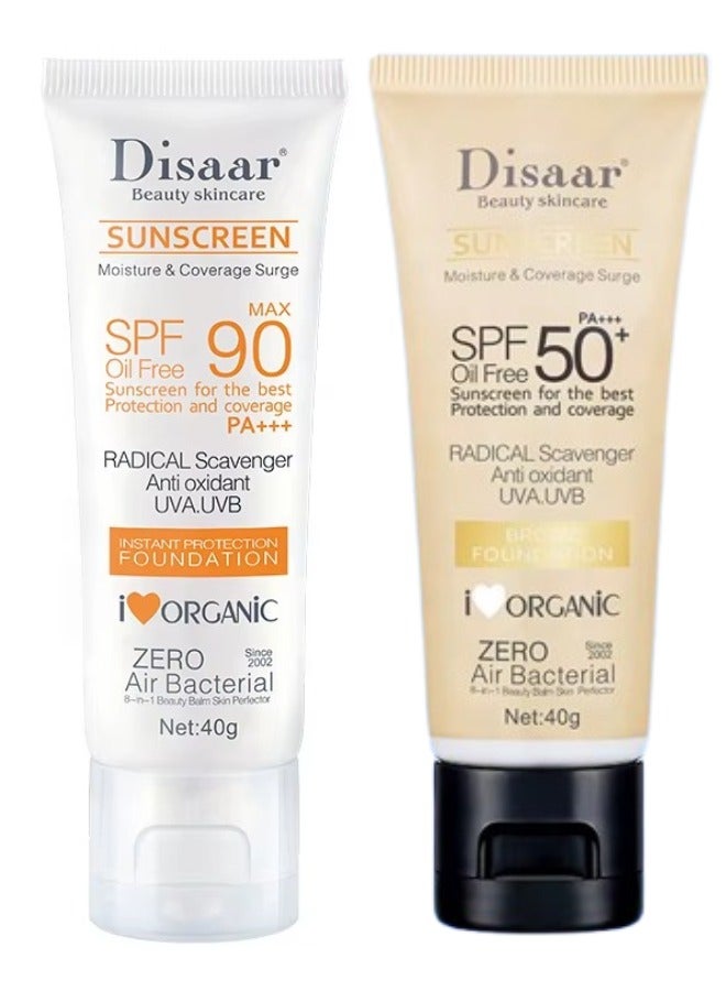 Disaar Set of 2 Sunscreens SPF90 PA+++ and SPF50 Bronze Foundation Tinted Sunscreen Oil Control Long Lasting UVA UVB Protection - Image 2