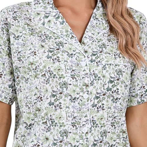 LUBOT 100% Cotton Women's Pajamas Set Button-Down Two-piece PJ Set Short Sleeve Printed Patterned Summer Sleepwear Loungewear (Green Floral, M) - Image 3