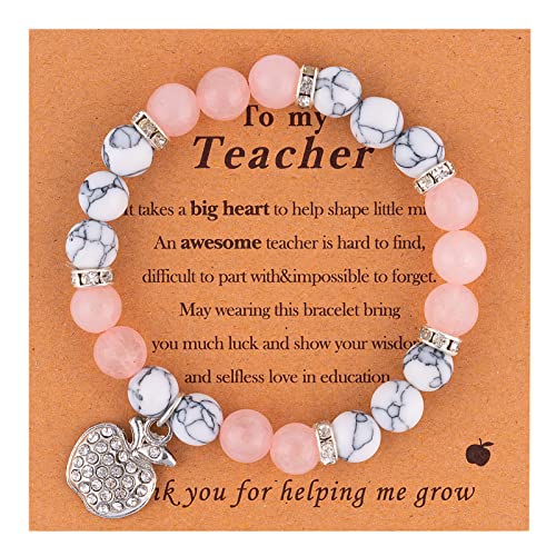 VICKHU Teacher appreciation gifts,Natural Stone teacher Bracelet gifts for women,thank you gifts for teacher meaningful gifts for women with gift message card (apple-white) - Image 1