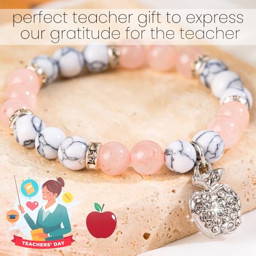 VICKHU Teacher appreciation gifts,Natural Stone teacher Bracelet gifts for women,thank you gifts for teacher meaningful gifts for women with gift message card (apple-white) - Image 2