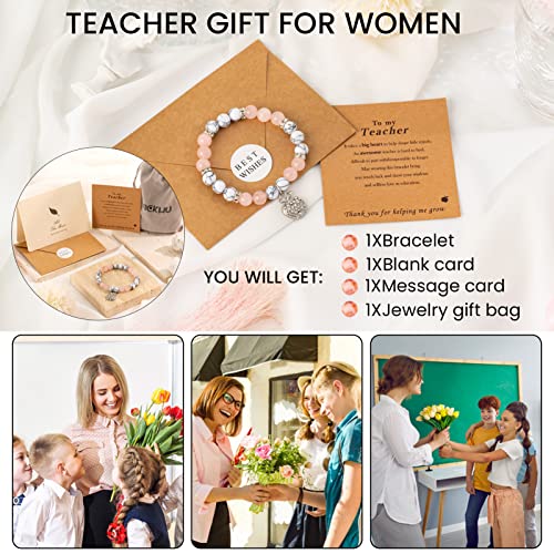 VICKHU Teacher appreciation gifts,Natural Stone teacher Bracelet gifts for women,thank you gifts for teacher meaningful gifts for women with gift message card (apple-white) - Image 4