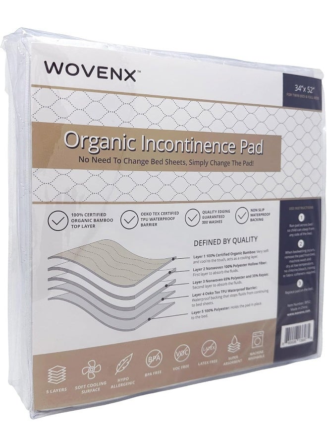 wovenx WOVENX Organic Incontinence Pads for Kids & Toddlers - 5 Layer Waterproof Protectors for Overnight Bed Wetting - Reusable & Washable Pee Pads - Fits Twin to Full Size Beds - 34" x 52" White - Image 2