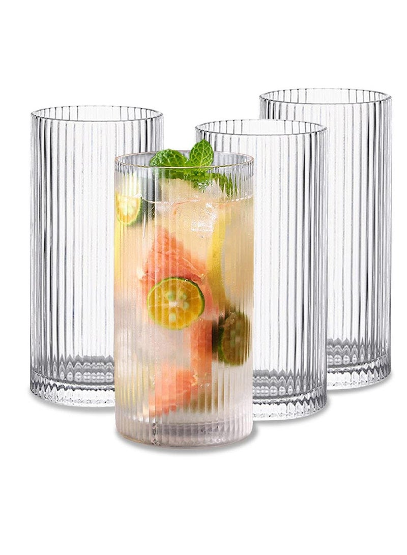 SYOSI Glass Cups Vintage Glassware Set, 4 Pcs Ribbed Glassware Drinking Glasses Set, Origami Style Transparent Glasses Set, Juice Beverages Ice Coffee Cup Drinkware, 370ml (L) - Image 1