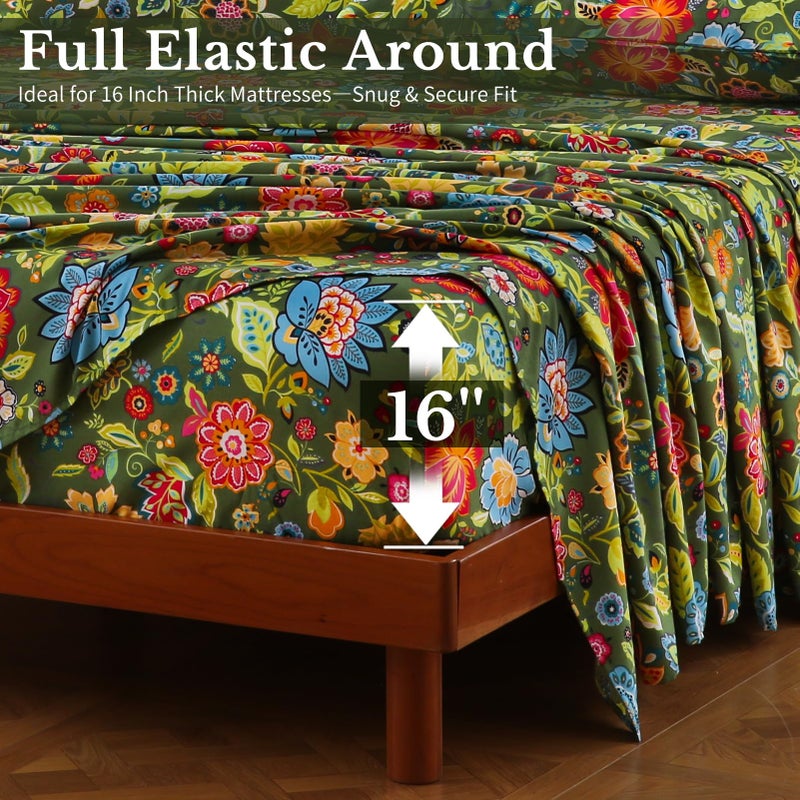 MEISHANG King Sheet Set - Ultra Soft Floral Sheets 100% Microfiber,1800 Thread Count Floral Bed Sheets Oeko-Tex Certificated - 4 Pieces - Dark Green - Image 4