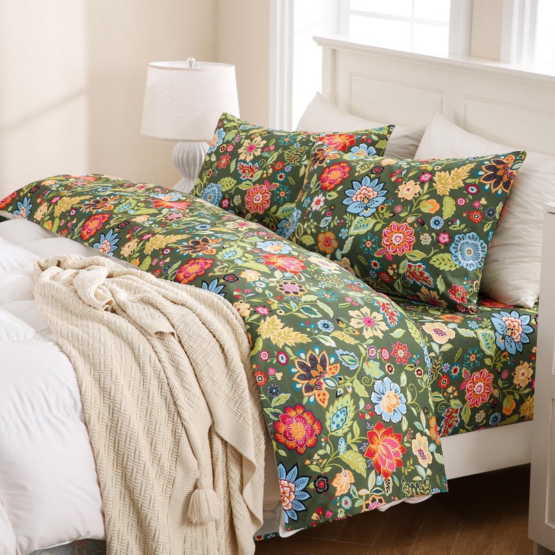 MEISHANG King Sheet Set - Ultra Soft Floral Sheets 100% Microfiber,1800 Thread Count Floral Bed Sheets Oeko-Tex Certificated - 4 Pieces - Dark Green - Image 1