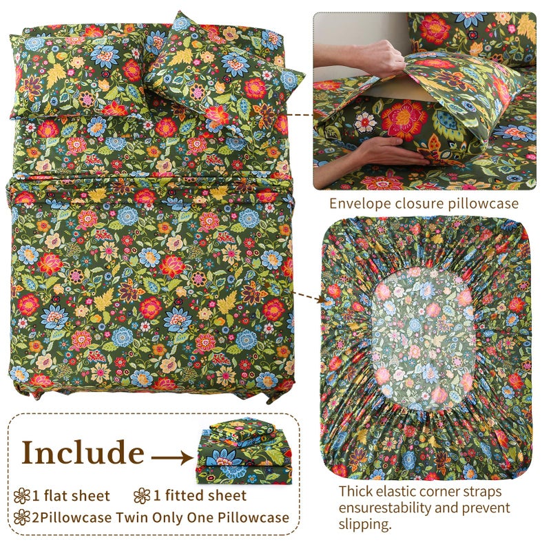 MEISHANG King Sheet Set - Ultra Soft Floral Sheets 100% Microfiber,1800 Thread Count Floral Bed Sheets Oeko-Tex Certificated - 4 Pieces - Dark Green - Image 5