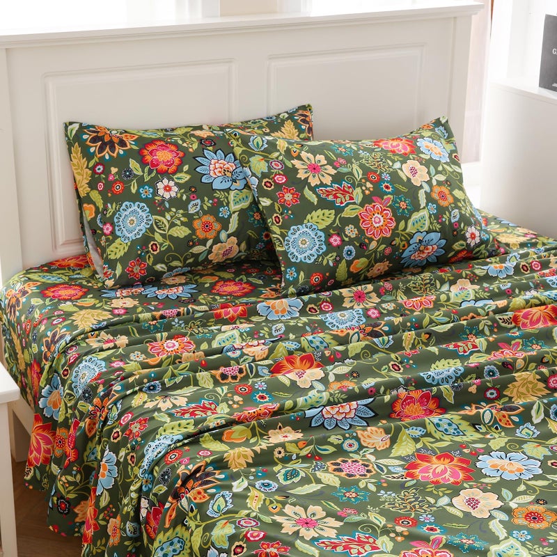 MEISHANG King Sheet Set - Ultra Soft Floral Sheets 100% Microfiber,1800 Thread Count Floral Bed Sheets Oeko-Tex Certificated - 4 Pieces - Dark Green - Image 2