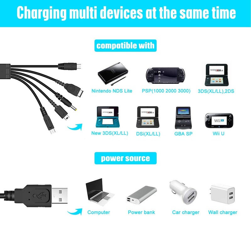 eWINNER 5 in 1 USB Charger Cable for Nintendo DS Lite/Wii U/New 3DS (XL/LL)/3DS (XL/LL)/2DS/DSi (XL/LL)/NDS/Gameboy Advance SP/PSP 1000 2000 3000/Multi-Functional USB Charging Cord - Image 4