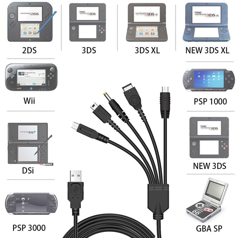 eWINNER 5 in 1 USB Charger Cable for Nintendo DS Lite/Wii U/New 3DS (XL/LL)/3DS (XL/LL)/2DS/DSi (XL/LL)/NDS/Gameboy Advance SP/PSP 1000 2000 3000/Multi-Functional USB Charging Cord - Image 2
