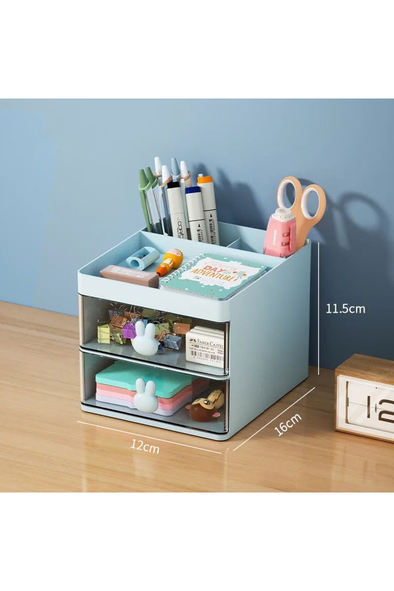 Blue Small Desk Organizer With Drawer, Office Desktop Storage Box, Makeup Organizer, Business Card/P