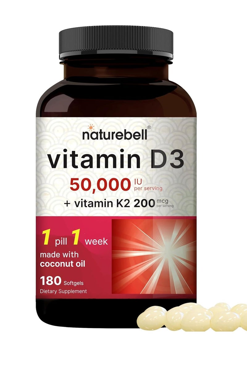 NatureBell NatureBell Vitamin D3 50,000 IU + K2 200 mcg, 180 Softgels | Once-Weekly Formula with Coconut Oil | Max Strength Bone, Heart & Immune Support | MK-7 Form | Non-GMO - Image 1