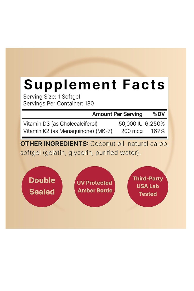 NatureBell NatureBell Vitamin D3 50,000 IU + K2 200 mcg, 180 Softgels | Once-Weekly Formula with Coconut Oil | Max Strength Bone, Heart & Immune Support | MK-7 Form | Non-GMO - Image 2