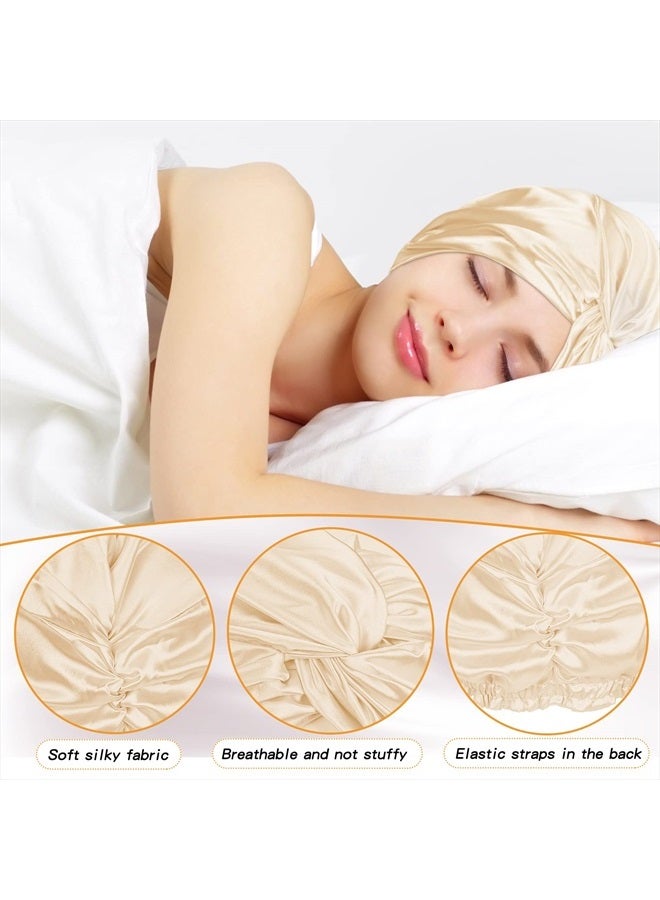 Vabean 3 Pieces Silk Hair Wrap for Sleeping Women Bonnet Silk Sleeping Bonnet Elastic Hair Care Sleep Cap for Natural Curly Hair (Beige) - Image 3