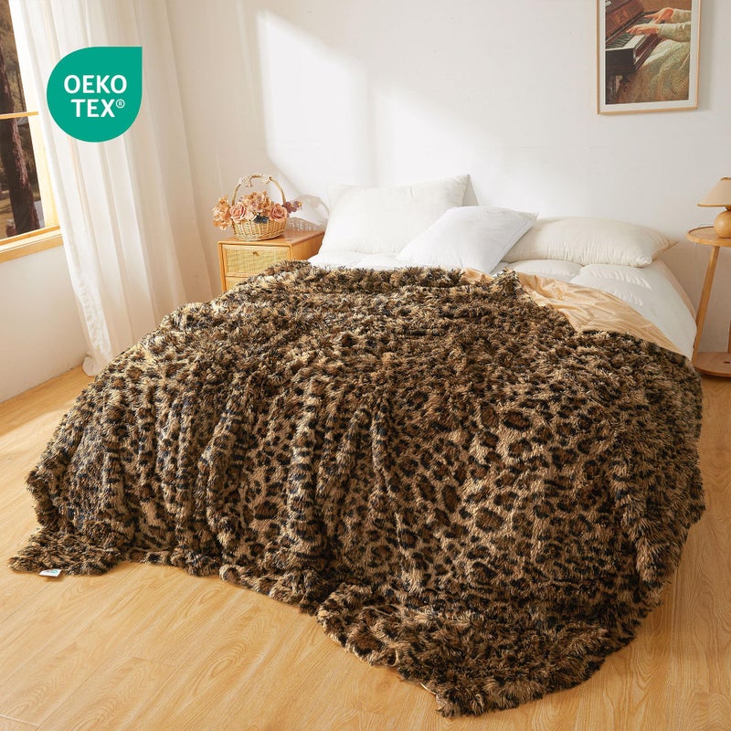 XeGe Fluffy Faux Fur Cheetah Print Bed Blanket Kids Adults Couples, Plush Fuzzy Wrap Round Large Leopard Queen Size Warm Shaggy Furry Blanket for Couch Sofa Bedroom Living Room, Brown, 90x90, Queen - Image 4
