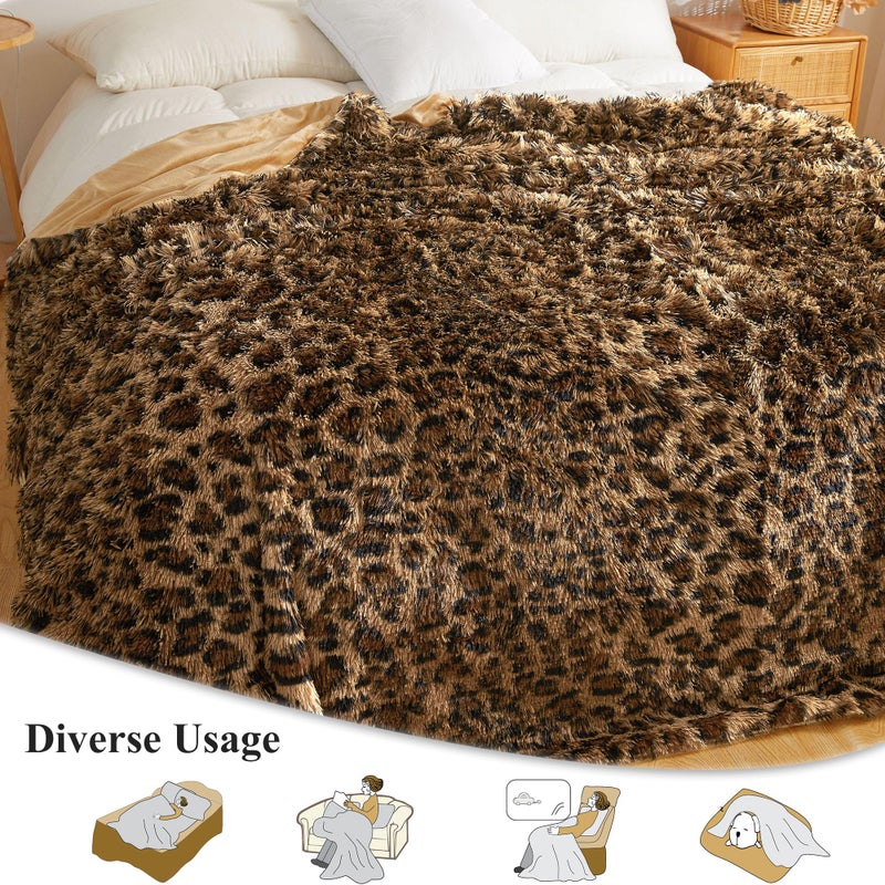 XeGe Fluffy Faux Fur Cheetah Print Bed Blanket Kids Adults Couples, Plush Fuzzy Wrap Round Large Leopard Queen Size Warm Shaggy Furry Blanket for Couch Sofa Bedroom Living Room, Brown, 90x90, Queen - Image 3
