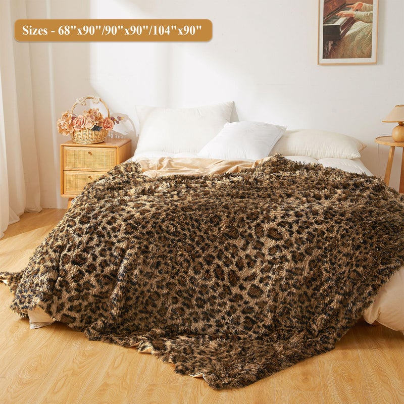 XeGe Fluffy Faux Fur Cheetah Print Bed Blanket Kids Adults Couples, Plush Fuzzy Wrap Round Large Leopard Queen Size Warm Shaggy Furry Blanket for Couch Sofa Bedroom Living Room, Brown, 90x90, Queen - Image 2