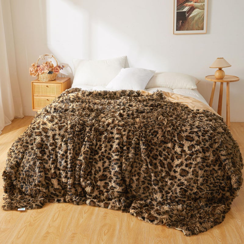 XeGe Fluffy Faux Fur Cheetah Print Bed Blanket Kids Adults Couples, Plush Fuzzy Wrap Round Large Leopard Queen Size Warm Shaggy Furry Blanket for Couch Sofa Bedroom Living Room, Brown, 90x90, Queen - Image 1