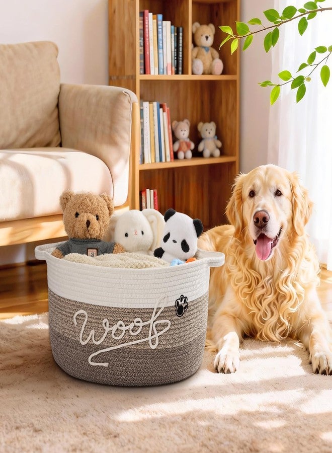 Degeyoyo Woof Dog Toy Basket with Handles, Large Dog Toy Storage Bin with Paw Print, Woven Dog Basket for Blankets, Toys, Chews, Pet Toy Box for Nursery, Living Room, Bedroom, 17”x12”x9, Brown - Image 2