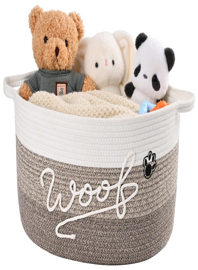 Degeyoyo Woof Dog Toy Basket with Handles, Large Dog Toy Storage Bin with Paw Print, Woven Dog Basket for Blankets, Toys, Chews, Pet Toy Box for Nursery, Living Room, Bedroom, 17”x12”x9, Brown - Image 1