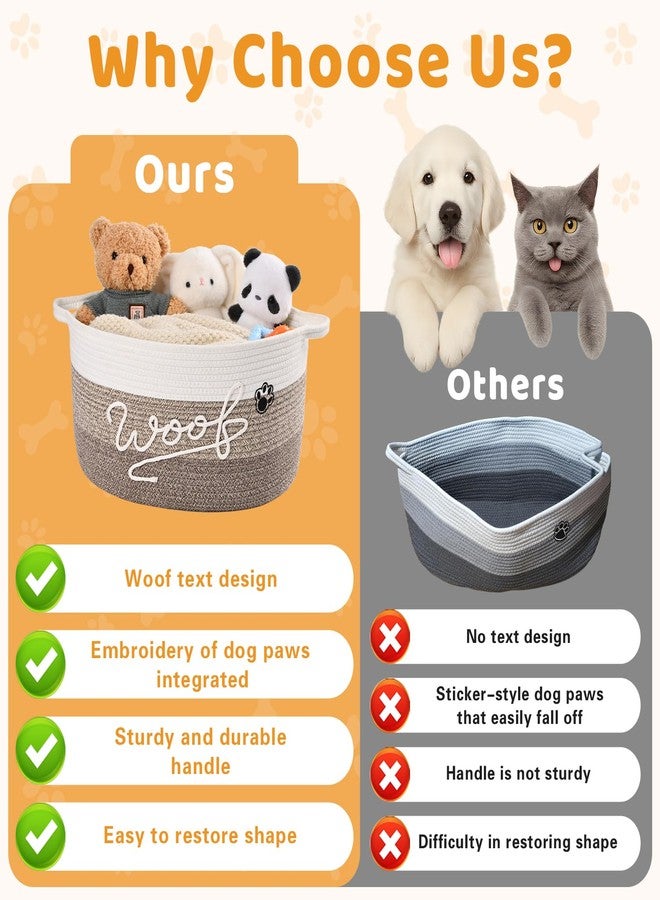 Degeyoyo Woof Dog Toy Basket with Handles, Large Dog Toy Storage Bin with Paw Print, Woven Dog Basket for Blankets, Toys, Chews, Pet Toy Box for Nursery, Living Room, Bedroom, 17”x12”x9, Brown - Image 3