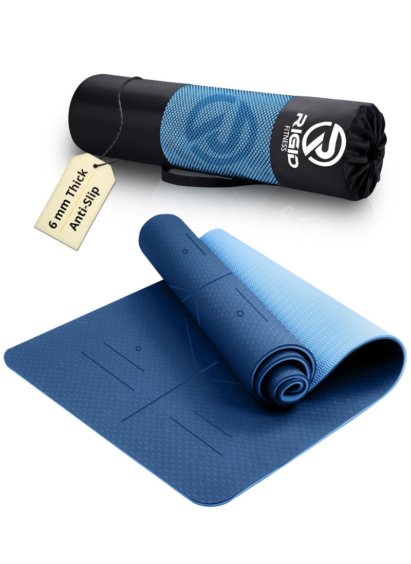 RIGID FITNESS Yoga Mat 6mm with Alignments - Anti-Slip TPE Yoga Mat with Carry Bag - Precision Alignment Lines, Double Colors, Lightweight & Durable for All Fitness Exercises- 183 * 66cm*0.6cm Thick  - Image 1