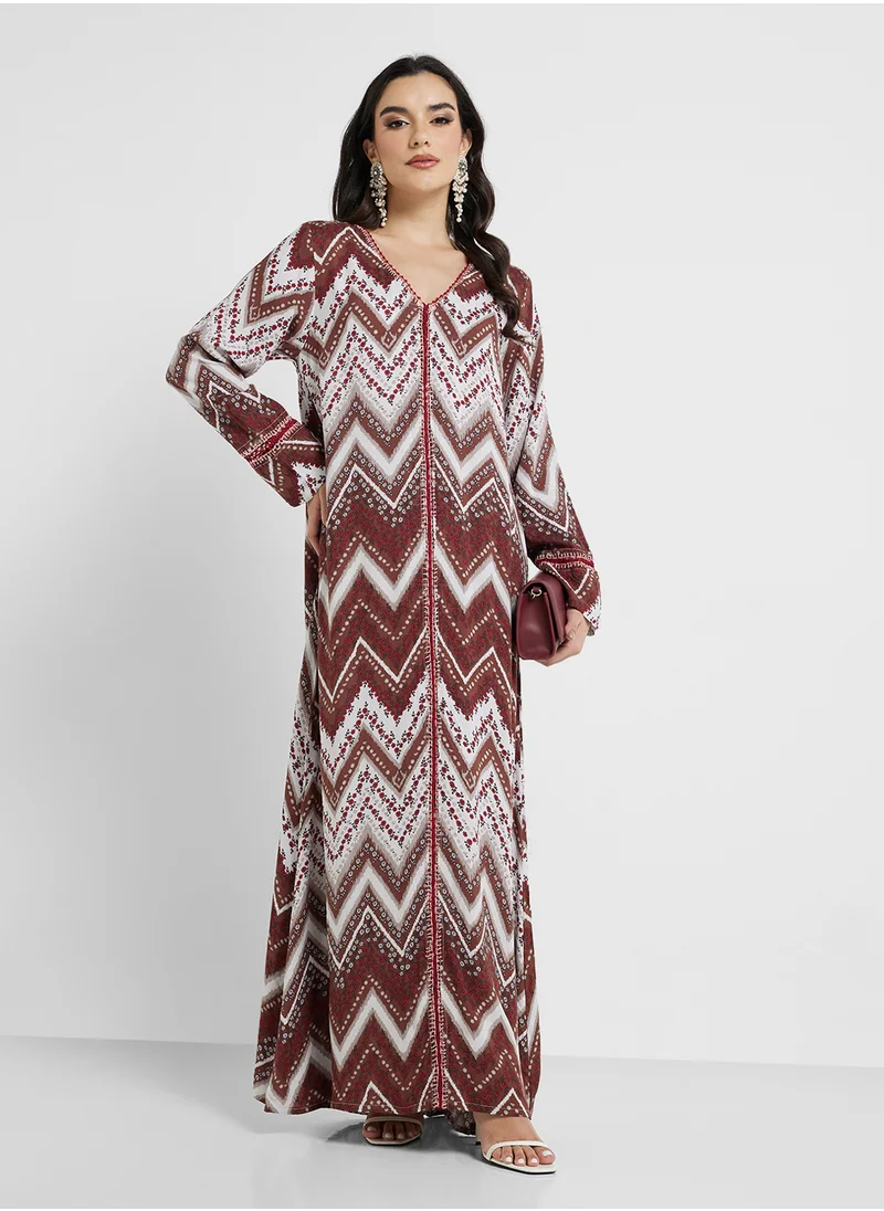 KASHKHA Rayon Chevron Print Crochet Lace Work Jalabiya
