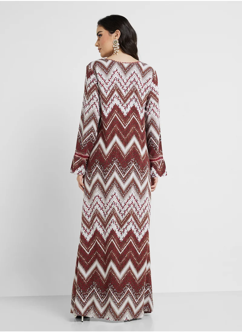 KASHKHA Rayon Chevron Print Crochet Lace Work Jalabiya