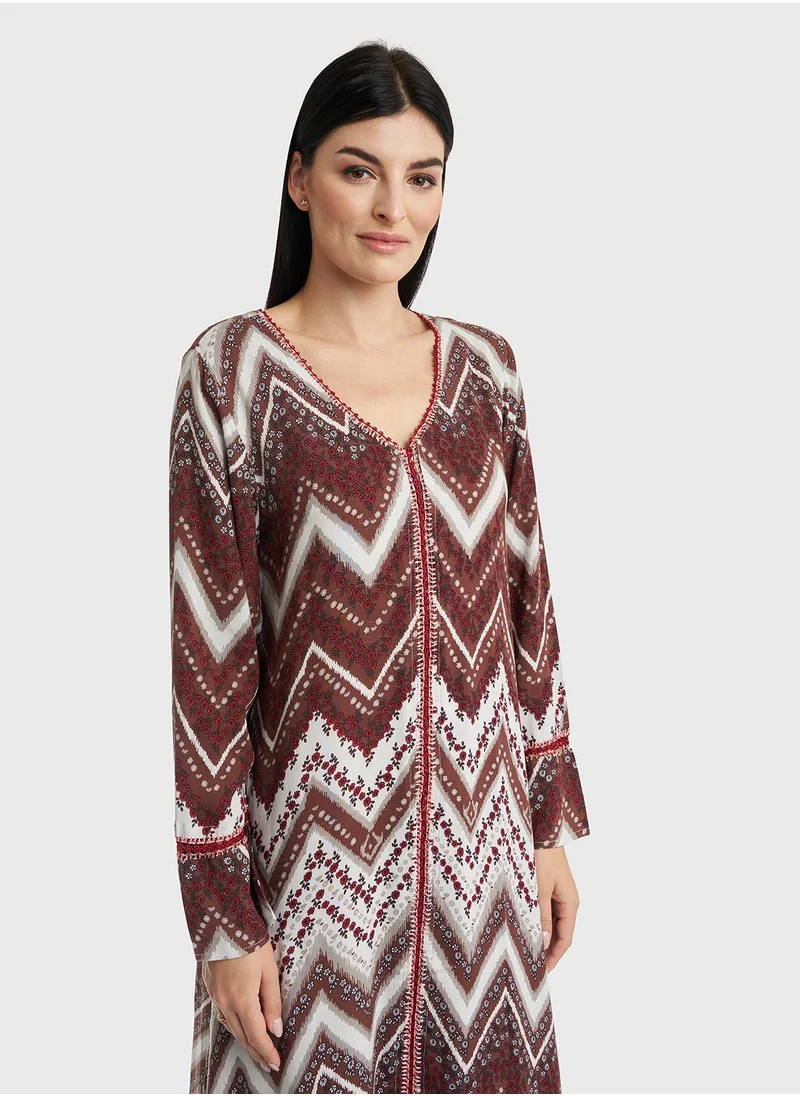 KASHKHA Rayon Chevron Print Crochet Lace Work Jalabiya