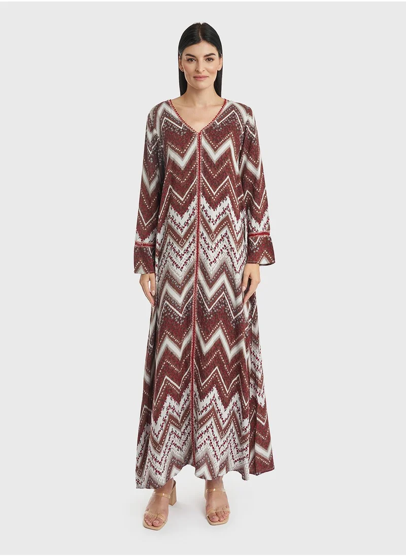 KASHKHA Rayon Chevron Print Crochet Lace Work Jalabiya