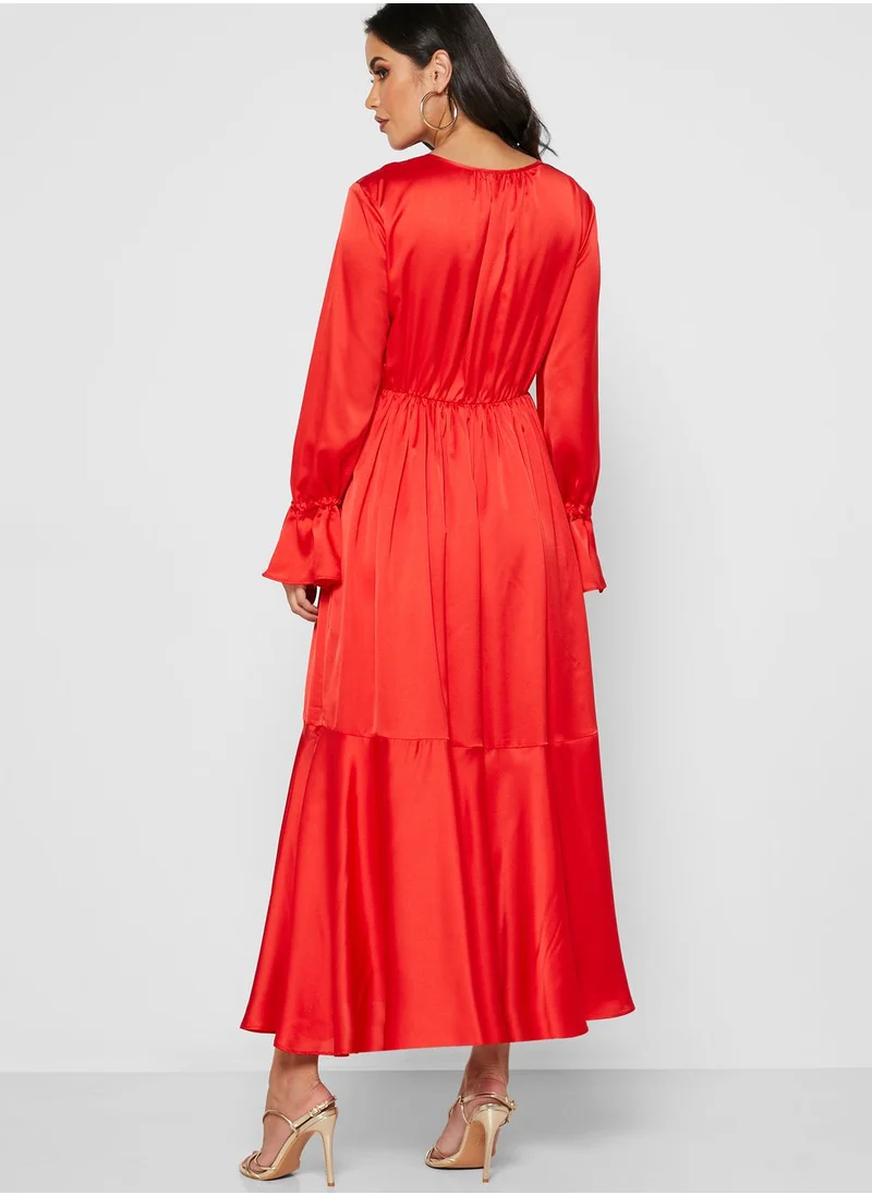 Khizana Tie Neck Ruffle Trim Midi Dress