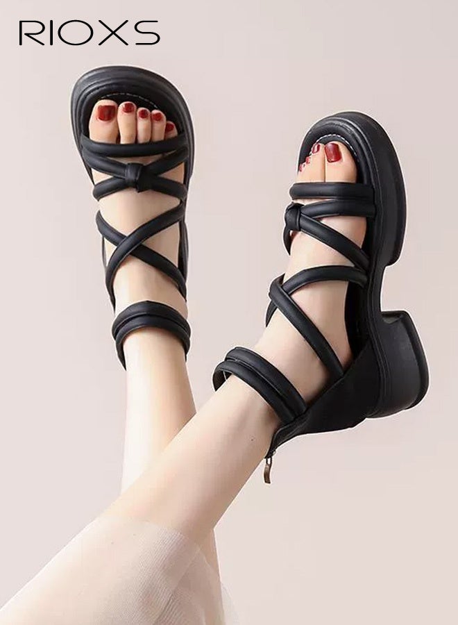 RIOXS Women's Flat Sandals, Open-Toe High-Top Casual Walking Shoes, Breathable and Non-Slip Outdoor Beach Sandals, Adjustable Open-Back Beach Sandals with Heel Zipper, Lightweight and Comfortable PU Pool Slippers, Perfect for Vacations, Travel, and Gardening, Versatile Casual Street Style to Pair with Dresses, Black - Image 2