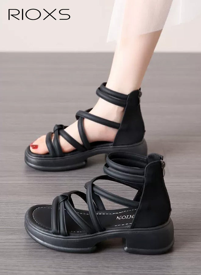 RIOXS Women's Flat Sandals, Open-Toe High-Top Casual Walking Shoes, Breathable and Non-Slip Outdoor Beach Sandals, Adjustable Open-Back Beach Sandals with Heel Zipper, Lightweight and Comfortable PU Pool Slippers, Perfect for Vacations, Travel, and Gardening, Versatile Casual Street Style to Pair with Dresses, Black - Image 1