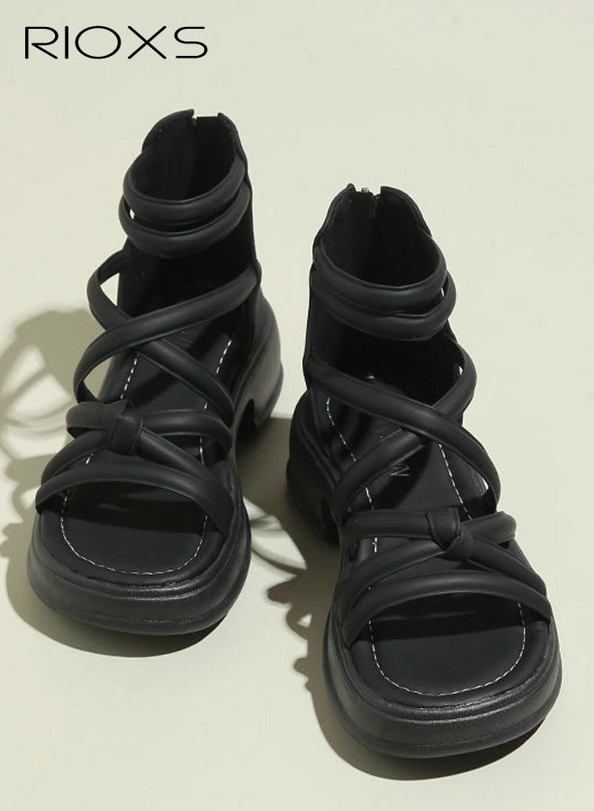 RIOXS Women's Flat Sandals, Open-Toe High-Top Casual Walking Shoes, Breathable and Non-Slip Outdoor Beach Sandals, Adjustable Open-Back Beach Sandals with Heel Zipper, Lightweight and Comfortable PU Pool Slippers, Perfect for Vacations, Travel, and Gardening, Versatile Casual Street Style to Pair with Dresses, Black - Image 5