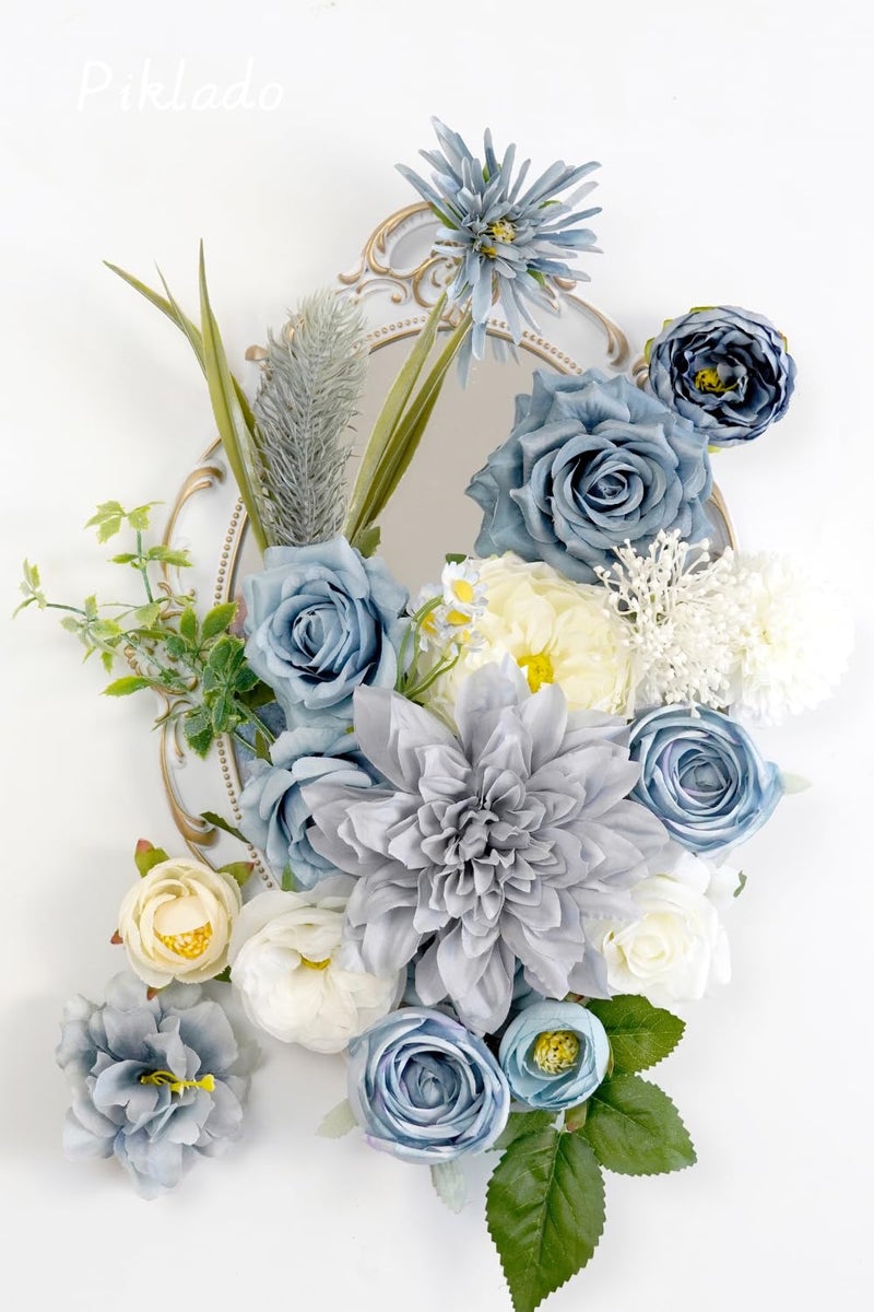 Piklado Artificial Flower Combination Box Set Artificial Flower Loose Leaves and Stems DIY Wedding Center Bouquet Bride Wedding Baby Shower(Grey White Blue) - Image 5