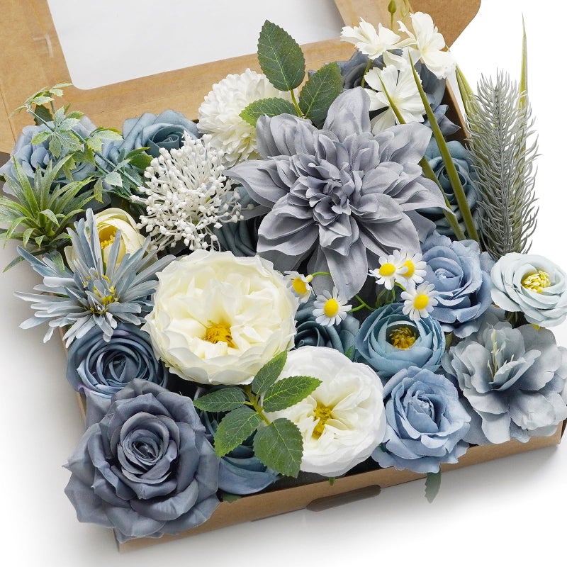 Piklado Artificial Flower Combination Box Set Artificial Flower Loose Leaves and Stems DIY Wedding Center Bouquet Bride Wedding Baby Shower(Grey White Blue) - Image 1