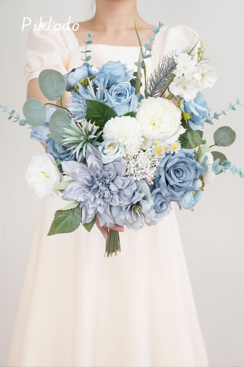 Piklado Artificial Flower Combination Box Set Artificial Flower Loose Leaves and Stems DIY Wedding Center Bouquet Bride Wedding Baby Shower(Grey White Blue) - Image 2