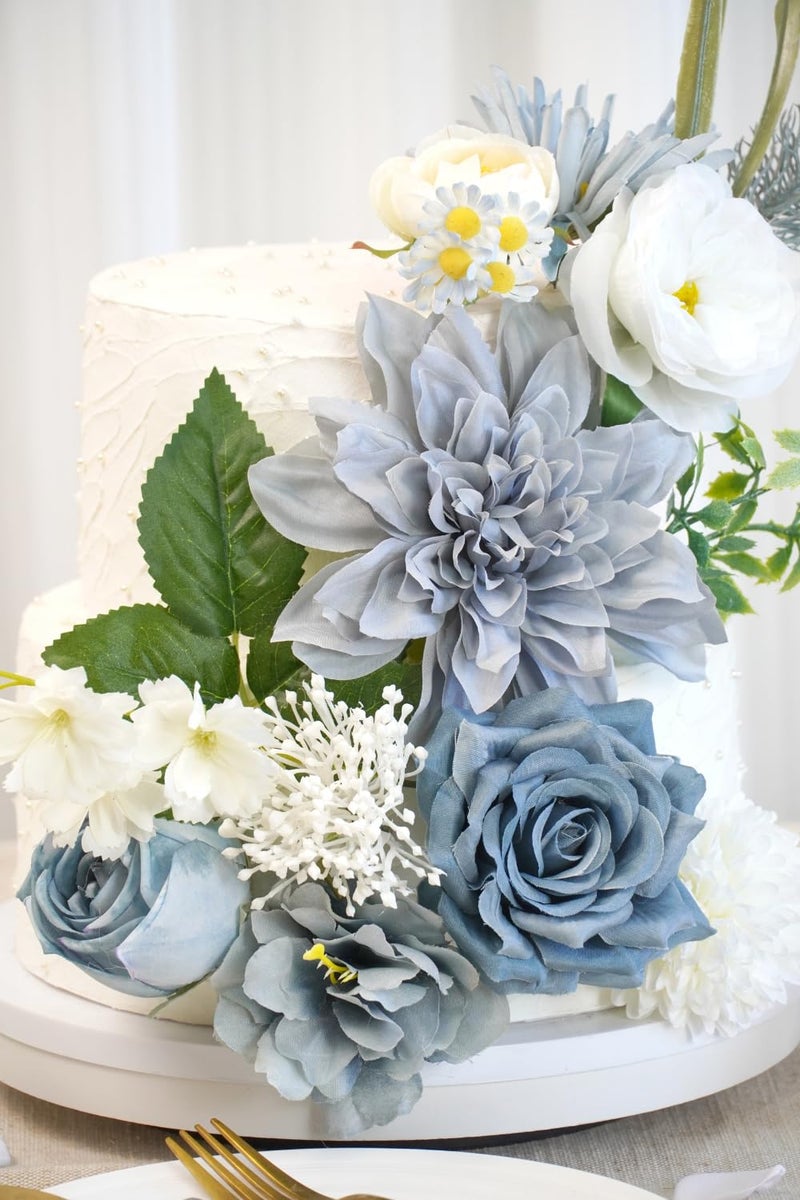 Piklado Artificial Flower Combination Box Set Artificial Flower Loose Leaves and Stems DIY Wedding Center Bouquet Bride Wedding Baby Shower(Grey White Blue) - Image 4