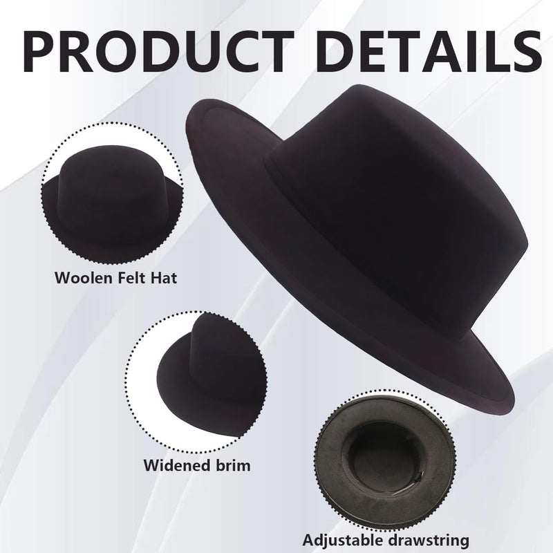 Quupy 1PCS Black Classic Flat Top Blend Fedora Hat Brim Church Derby Cap for Unisex Men Women Head Circumference 22-22.8in - Image 4