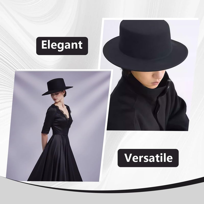 Quupy 1PCS Black Classic Flat Top Blend Fedora Hat Brim Church Derby Cap for Unisex Men Women Head Circumference 22-22.8in - Image 5