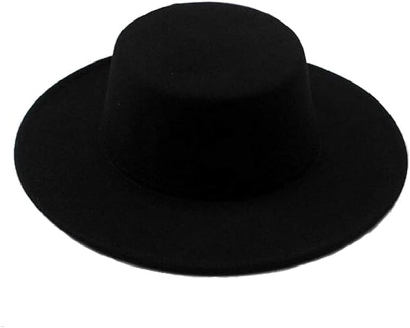 Quupy 1PCS Black Classic Flat Top Blend Fedora Hat Brim Church Derby Cap for Unisex Men Women Head Circumference 22-22.8in - Image 1