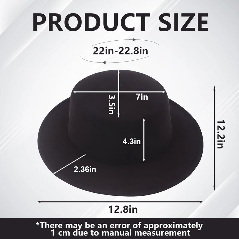 Quupy 1PCS Black Classic Flat Top Blend Fedora Hat Brim Church Derby Cap for Unisex Men Women Head Circumference 22-22.8in - Image 2