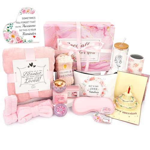 JiMiao Birthday Gifts for Women, 13pc Valentine Gift Basket for Women Birthday Unique, Spa Basket Care Package Get Well Soon Box for Teen Girls, Sister, Mom, Her Fantasy Box for Mother's Day - Image 1