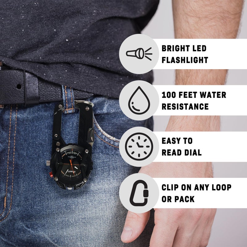 Dakota Multitool Clip Watch for Men â€“ Black | 100ft Water Resistant Clip-On Watch with LED Light, Bottle Opener, Screwdriver & Carabiner â€“ Outdoor Work, Camping, Hiking Tool - Image 2