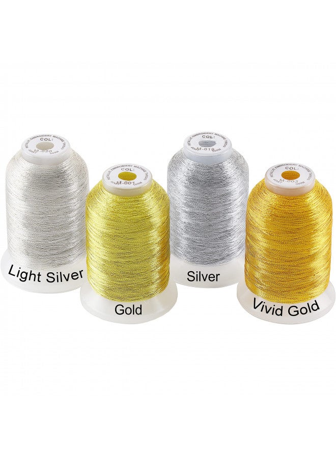 New brothread 4pcs (2 Gold+2 Silver Colors) Metallic Embroidery Machine Thread Kit 500M (550Y) Each Spool for Computerized Embroidery and Decorative Sewing - Image 1