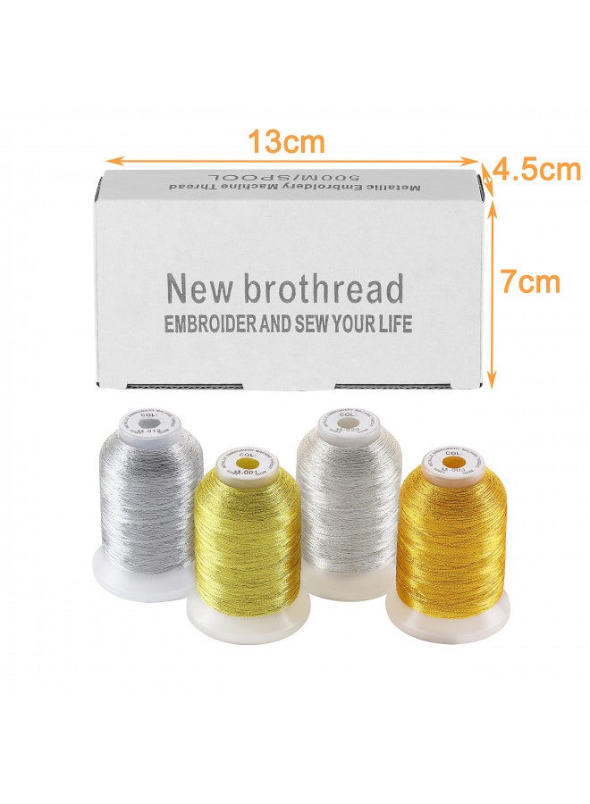 New brothread 4pcs (2 Gold+2 Silver Colors) Metallic Embroidery Machine Thread Kit 500M (550Y) Each Spool for Computerized Embroidery and Decorative Sewing - Image 3