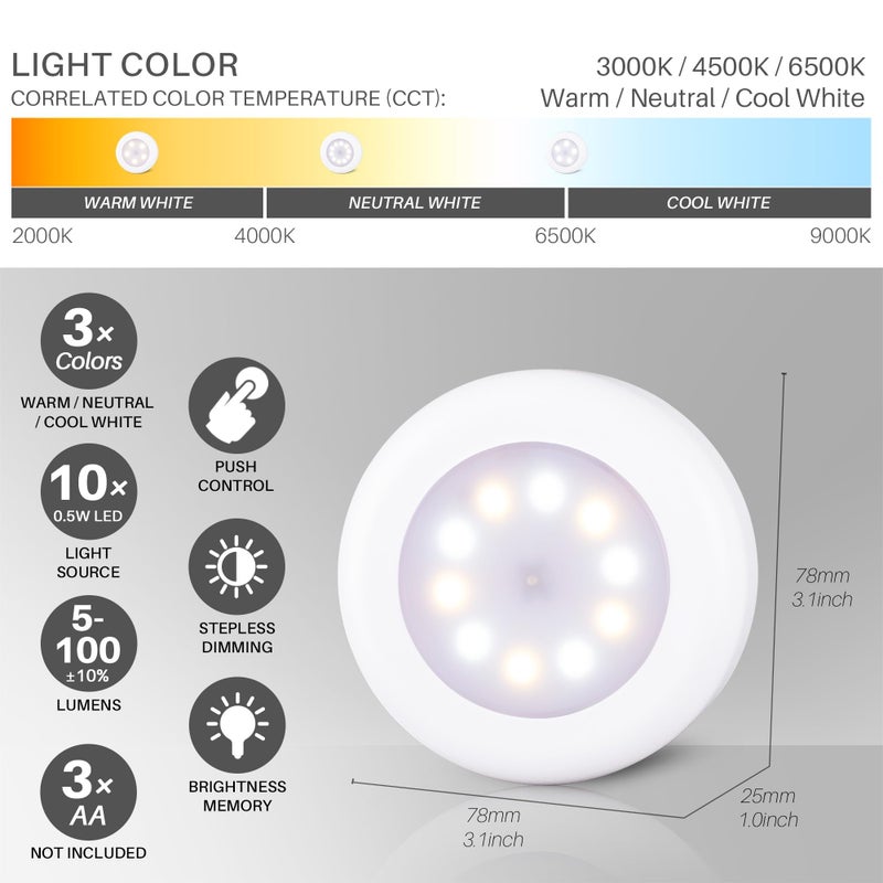 STAR-SPANGLED 4 Pack 3.1â€ Dimmable Push Tap Lights, Stick on LED Touch Puck Lights AA Battery Operated, 3 Color Modes Sticky Button Lamps for Classroom, Kitchen, Under Cabinet, Closet - Image 3