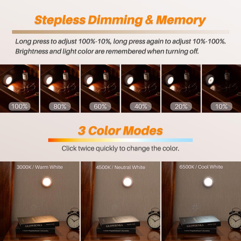 STAR-SPANGLED 4 Pack 3.1â€ Dimmable Push Tap Lights, Stick on LED Touch Puck Lights AA Battery Operated, 3 Color Modes Sticky Button Lamps for Classroom, Kitchen, Under Cabinet, Closet - Image 2