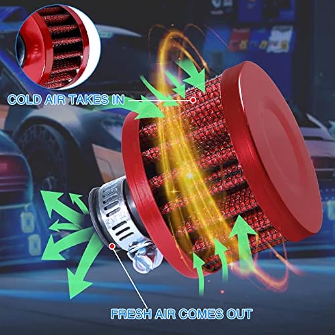 AICARS 12mm Cold Air Intake Filter for Motorcycle Turbo Vent Breather Air Intake Red- 2Pcs - Image 2